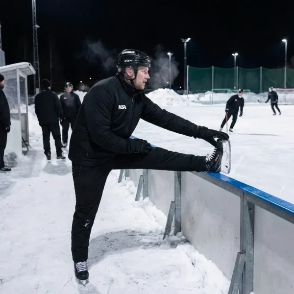 Manlig idrottare värmer upp på is i svart KOSA värmeställ och jacka.