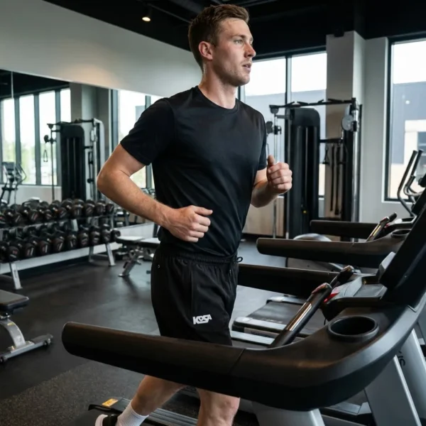 Man joggar på löpband i gym i classic träningsset med svart funktions t-shirt och träningsshorts