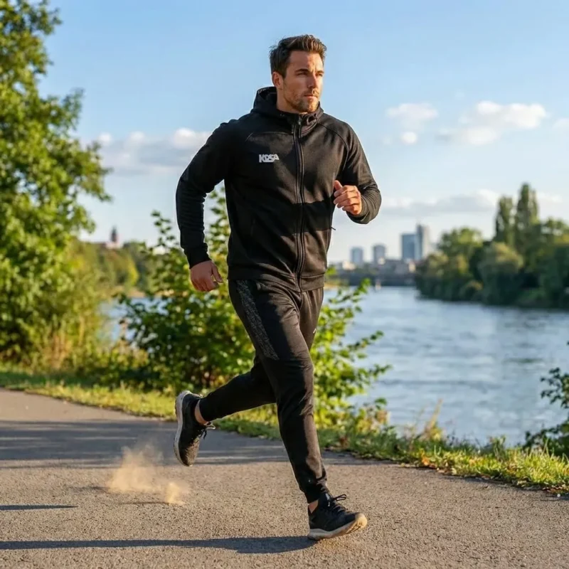 En man som joggar längs en gångväg vid en flod i dagsljus, iförd ett svart KOSA Classic Zip & Joggers mjukisset med vit logga och mönstrade revärer på byxorna.