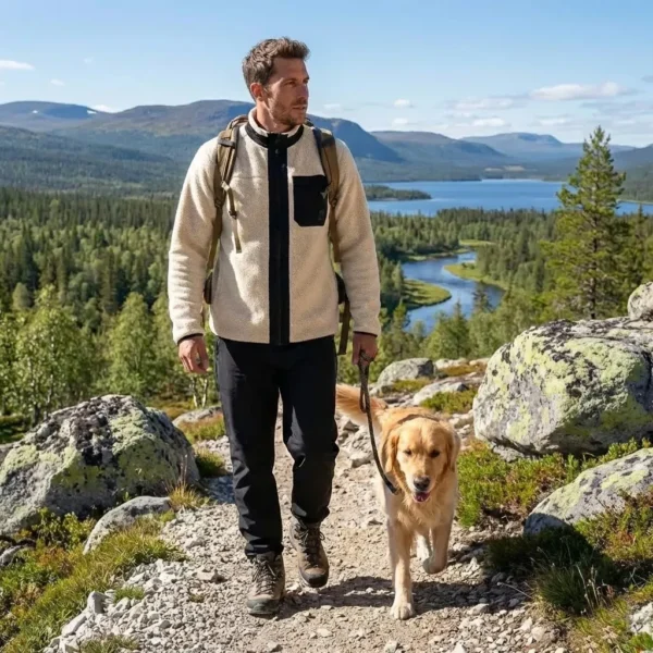 Man vandrar i bergsmiljö med hund iförd KOSA Nordic Comfort Set – beige pilejacka och svarta friluftsbyxor.