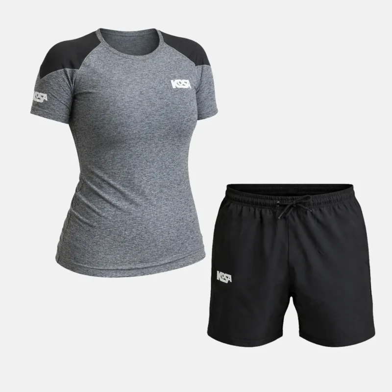 KOSA Elite Pro Träningsset Dam - Gråmelerad funktionströja och svarta shorts.